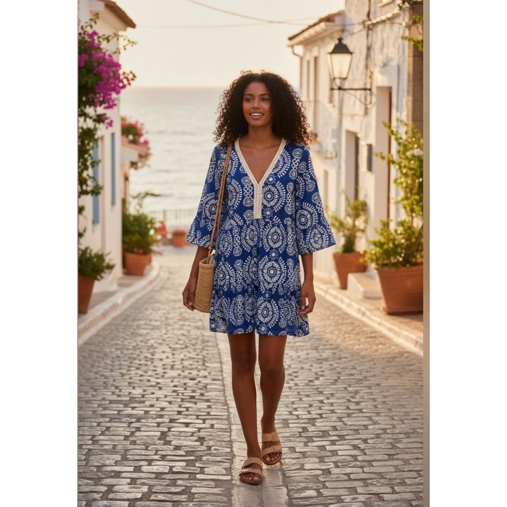 SAIPH Tiered Embroidered Dress Women's L Blue Boho Chic